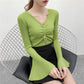 2021 Early Autumn Sweater Women's V-neck Drawstring Long-sleeved Pleated Flared Sleeve Sweater Top Bottoming