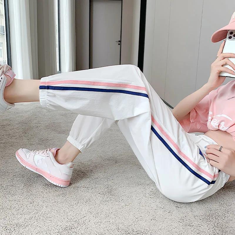 Ice Silk Sports Pants Women's Summer Casual Loose Loose Wild Side Strips Quick-drying Thin Section Nine-point Pants Women