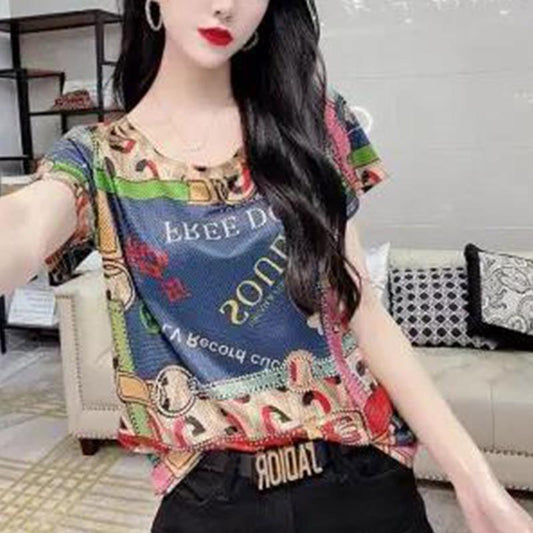 Summer Short Sleeve Fashion Trend Letter Print T-Shirt Ladies Comfortable Elegant Retro Slim Top