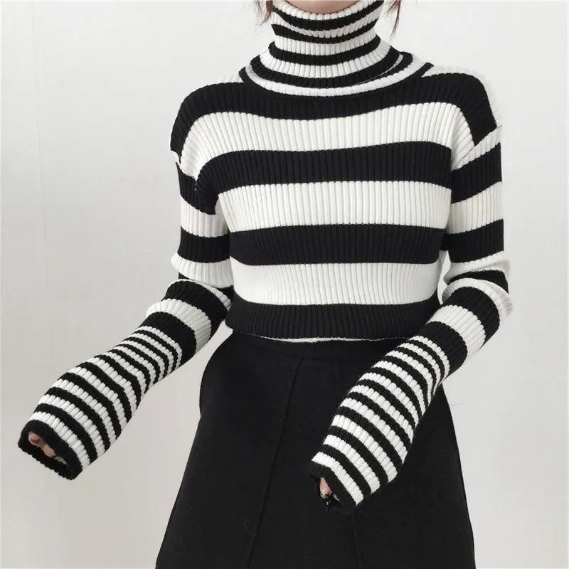 Sweater Women's Turtleneck Knitwear Black and White Striped Pullover Korean Slim Top Trendy Sweater Autumn and Winter Fashion