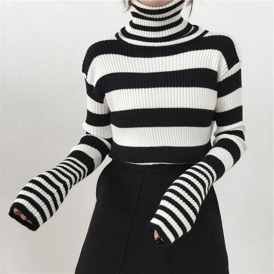 Sweater Women's Turtleneck Knitwear Black and White Striped Pullover Korean Slim Top Trendy Sweater Autumn and Winter Fashion