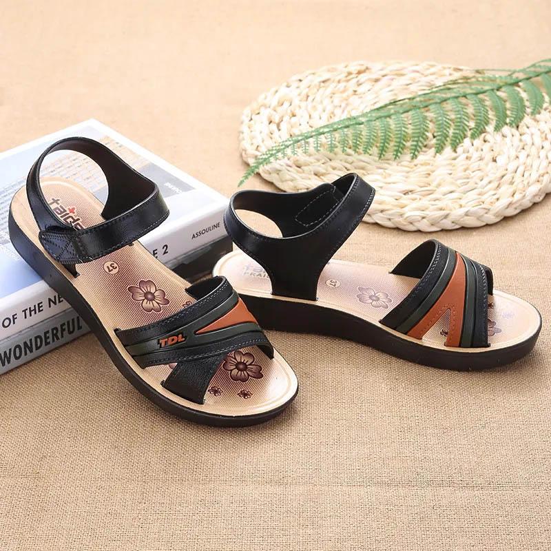 Sandals Non-slip Deodorant Women's Flat Velcro Beach Shoes Fashion Outerwear Ladies Middle-aged and Elderly Summer Shoes