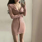 Deep V-neck Knitted Slim-fitting Hip Short Skirt Women's Sexy Long-sleeved Drawstring Pleated Dress Showing Breasts Femininity Solid Color