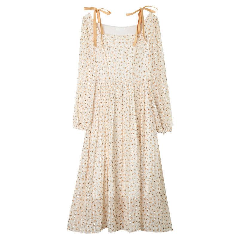 Spring Summer Floral Dress Female Temperament Fresh Chiffon Over The Knee Dress Mid-length