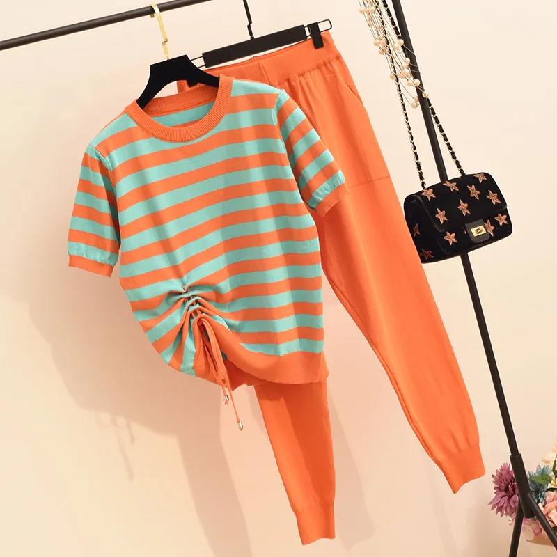Two-piece Women's Casual Fashion Knitted Suit Striped Stitching Drawstring Short Sleeve + Knitted Pants Suit