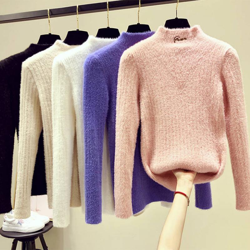 Pofulove Faux Mink Fleece Sweater Short-fitting Winter Jacket Half Turtleneck Bottoming Shirt