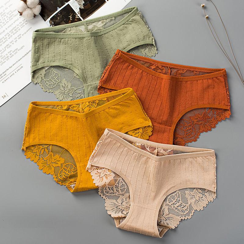 4 Pairs of Women's Cotton Korean Underwear Antibacterial Seamless Breathable Sexy Underwear Lace Mid-waist Ladies Panties