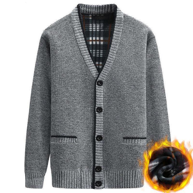 Can't Afford The Ball Winter Men's Plus Velvet Knitted Button Cardigan Sweater Warm Jacket