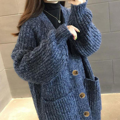 Fashion large pocket sweater large size medium long loose knitted cardigan sweater coat women