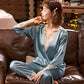 Women's Spring Autumn Long Sleeve Pajamas Set Luxury Ice Silk Sexy V Neck Lace Pyjamas Simulated Silk Sleeping Suit Silky Large Size Homewear Set