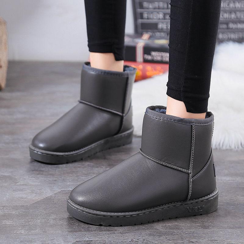 Women Snow Boots Pu Leather Ankle Boots Flat Bottom Waterproof Non-slip Plus Velvet Snow Boots Woman Shoes Large Size 36-40