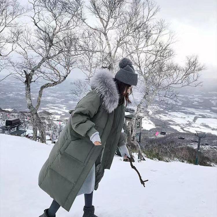 Winter Fluffy Big Fur Collar Hooded Down Jacket Women Mid-length Slim Over The Knee Thick Hooded Winter Warm Plus Fleece Jacket