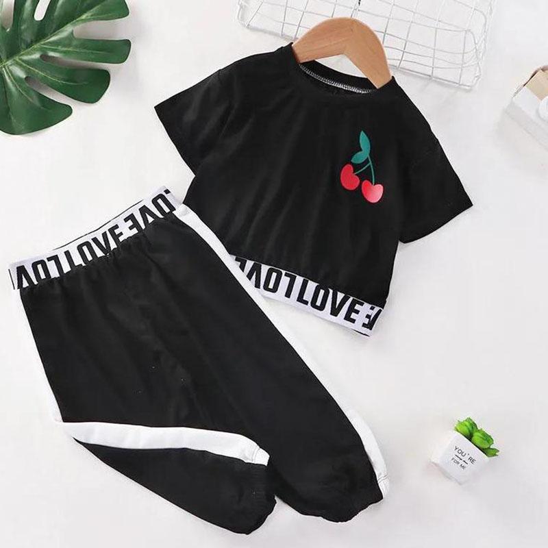 2PCS Children Clothing Set Spring Summer Girls Suits Printing Letter Cherry Short Sleeve Tops + Pants Clothing Set