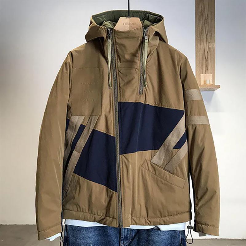 Retro Contrast Color Stitching Men's Jacket Oblique Placket Hooded Cotton-padded Jacket Handsome Padded Jacket