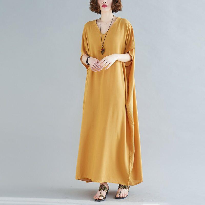WTEMPO Plus Size Women Dress Summer V-neck Solid Color Long Dress Casual Bohemia Long Robe Full Length