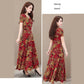 Summer Women's Short-sleeved Women's Dress V-neck Printed Long Dress Slim Fit Thin Large Swing Dress A-line Waist Dress Rice Fabric Is Soft and Light