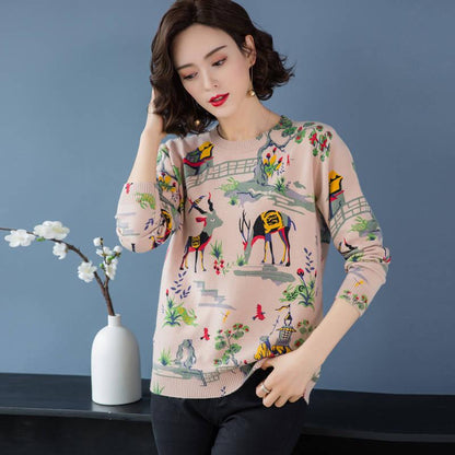 Spring and Autumn Printed Pullover Sweater Women  Thin  Knitted Bottoming Sweater