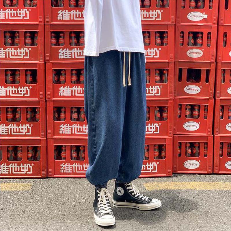 Spring Fashion Workwear Jeans Loose Drawstring Wide Legs Trendy Brand All-match Elastic Pants Cropped Pants