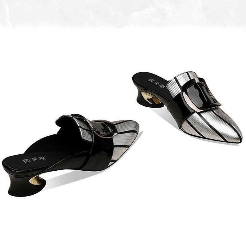 Soft Leather Sandals Women Middle Heel Slippers Pointed  Slippers Thick Heel Sexy Heel Sandals