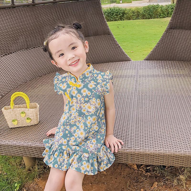 Spring and Summer Girls, Small and Medium-sized Children Western Style Floral Lotus Leaf Princess Dress Flying Sleeve Cheongsam Dress One-piece Skirt