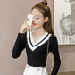 Autumn/winter Sweater Women Short Stitching V-neck Slim Slimming Long-sleeved Pullover Sweater Bottoming Shirt Women