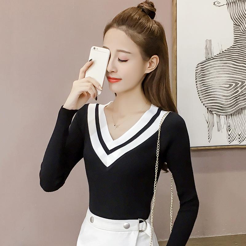Autumn/winter Sweater Women Short Stitching V-neck Slim Slimming Long-sleeved Pullover Sweater Bottoming Shirt Women