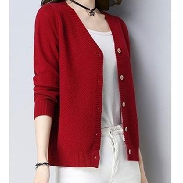 Spring and Autumn Knit Solid Color Cardigan Long Sleeve V-neck Sweater Short Solid Color Coat