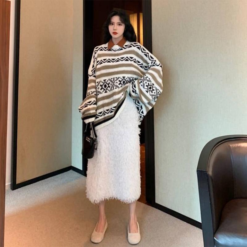 Pofulove autumn and winter loose sweater jacquard long-sleeved thick round neck sweater women