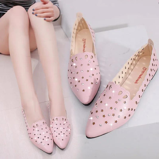 Pointed Toe Pumps Women's Spring and Summer Flat Heels Non-slip Rhinestones All-match Outer Wear Hollow Single Shoes