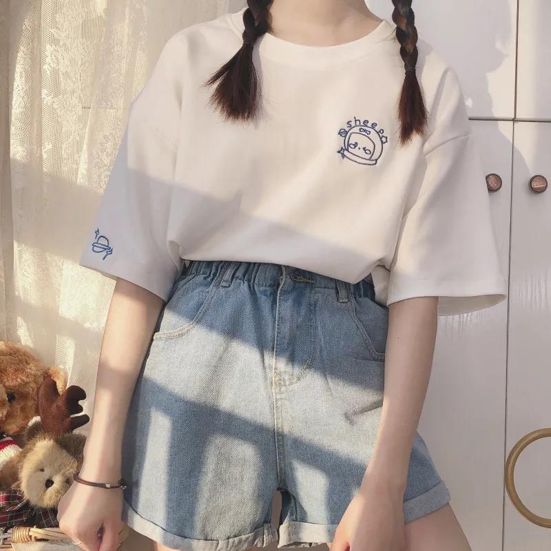 Womens Loose Astronaut Planet Embroidery Fashion Summer T-shirt Round Neck Short-sleeve Basic Casual Tee