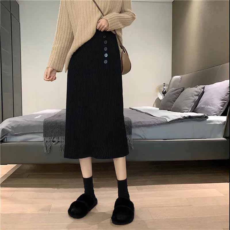 Knitted Half-length Skirt Autumn and Winter Female Korean Temperament Package Hip One-step Skirt Wild High-waisted Thin Mid-length A-line Skirt