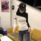 Color Matching Knitted Bottoming Shirt Slim Long-sleeved Sweater Women's Tight Tops