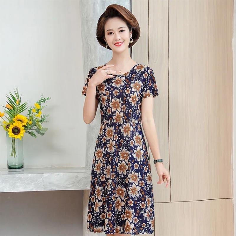 Floral Holiday Style Middle-aged and Elderly Plus Size Women's Dress Short-sleeved Mother Dress Long Skirt Slim Skirt