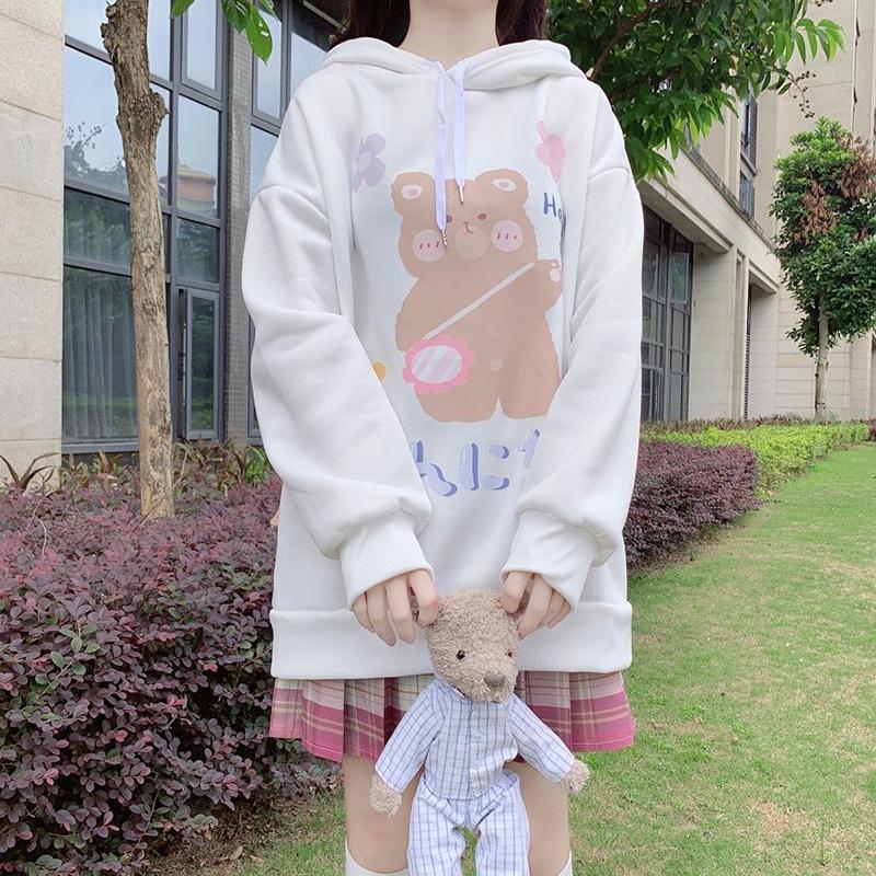 Anime Sweatshirt Japan Cartoon Hooded Tops Oversized Streetwear Harajuku White Long Pullovers Hoodies Plus Size Loose Thick Fleece Fall Winter Hoodies