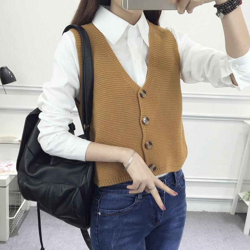 Spring and Autumn Knitted Loose Vest Sleeveless Cardigan Sleeveless Sweater V-neck Short Women's Top