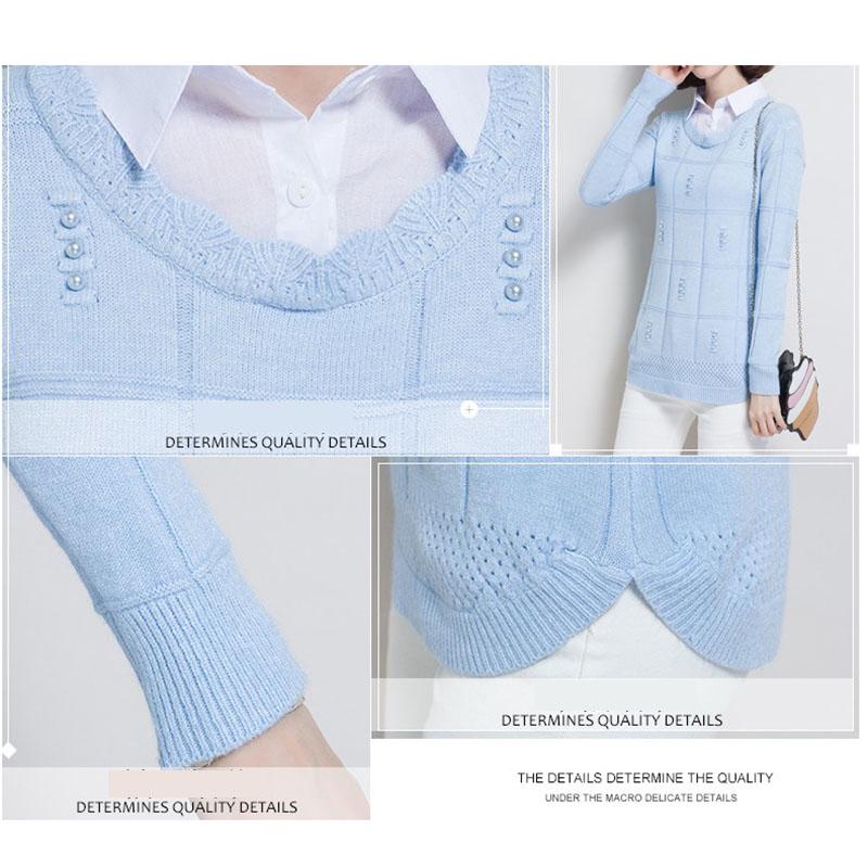 Autumn/winter Lapel Pullover Sweater Women's Plus Size Korean Style Slim Short Fake Two-piece Sweater Sweet Patchwork Knit Sweater Outwear