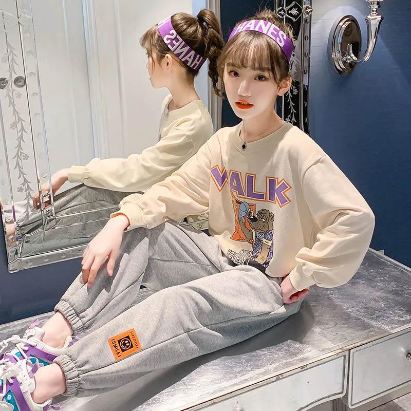 Girls Spring and Autumn Loose Leisure and Comfortable Pullover Round Neck Sweater + Sports Pants Set Children's Sports and Leisure Two-piece Set