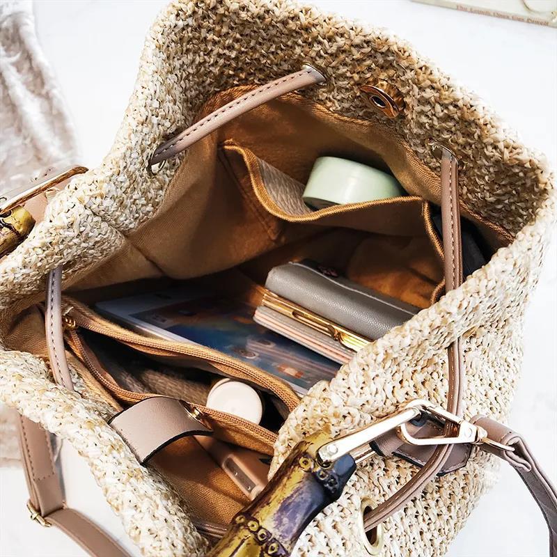 Handbag Women's Straw Woven Bucket Bag Summer Travel Beach Shoulder Messenger Bag