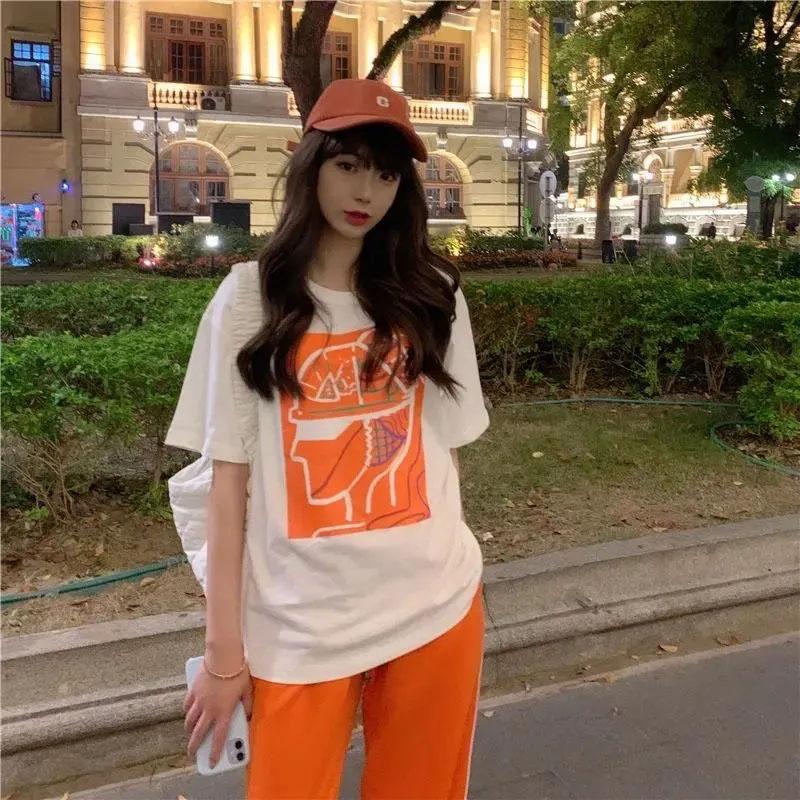 2PCS Women's Sports Suit Korean Version Loose T-shirt + Wide Leg Pants Two-piece Student Casual Suit