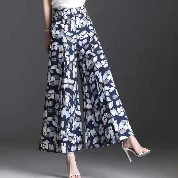 Women's Spring Summer Wide Leg Pants Loose Thin High Waist Plus Size Culottes Elastic Waist Printed Long Straight Pants