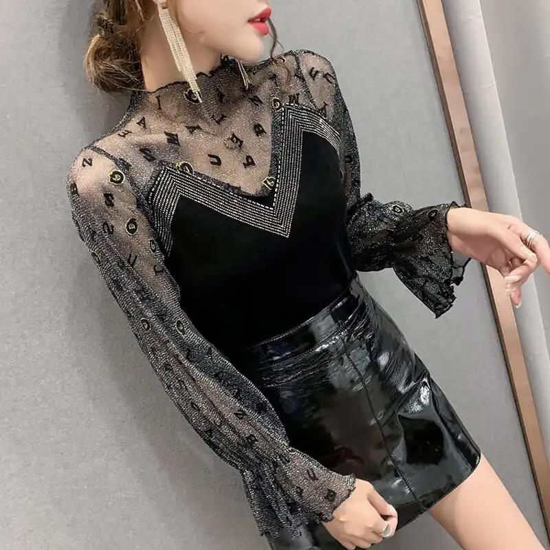 Mesh Stitching Sexy Perspective Women's Top Fashion Lace Letter Print Bottoming Shirt