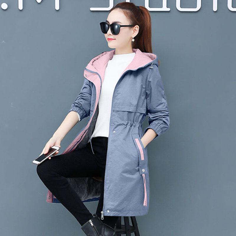 Autumn and Winter Plus Velvet Mid-length Overcoat Women's Slim  All-match Hooded Parka Jacket Female Flocking Trench Coat
