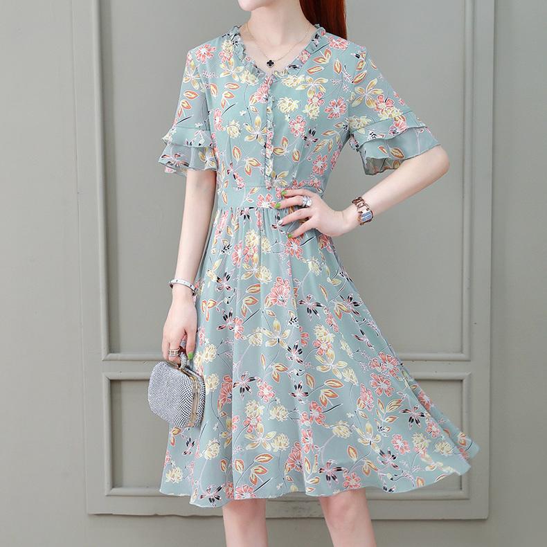 Summer Retro Chiffon Floral Dress Female Mid-length Lotus Leaf Sleeve V-neck Over-the-knee Dress