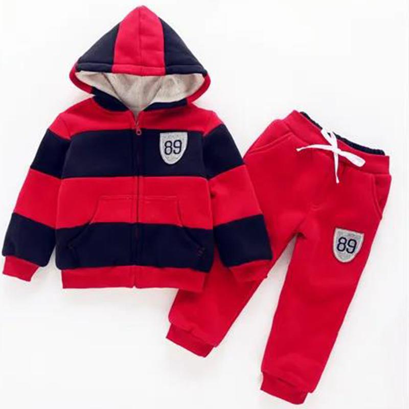 Boys and Girls Winter Plus Velvet Thick Sweater Cotton-padded Clothes Suit Children's Two-piece Printed Hooded Warm Cotton Clothing