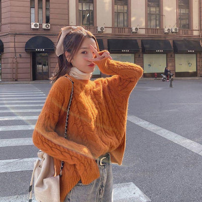 Thick Sweater Women Knitted Ribbed Pullover Sweater Long Sleeve Round Neck Jumper Soft Warm Autumn Winter