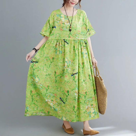 Women's Clothing Long Dress with Pockets and Big Swing Summer Plus Size Loose and Thin Retro Short-sleeved