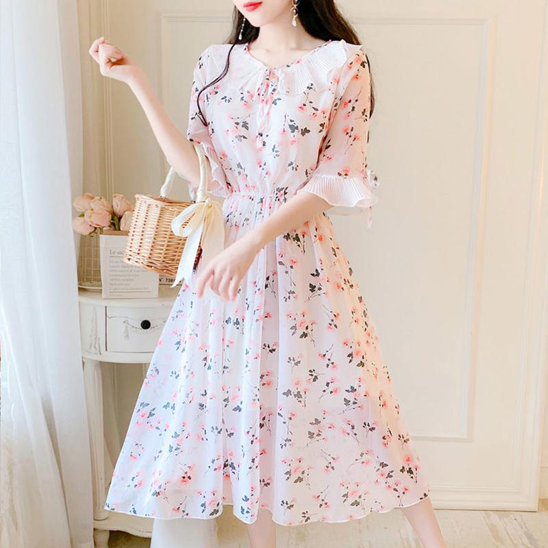 Large Size Dress Summer Mid-length Sweet and Lovely Floral Chiffon Dress Female Temperament Elegant Waist Slimming Slim Chiffon Dress