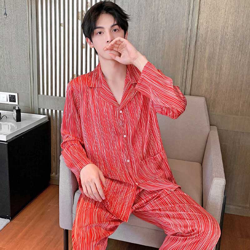 Men's Pajamas Summer Cardigan Ice Silk Thin Section Spring and Autumn Long-sleeved Trousers Youth Plus Size Silk Homewear Suit