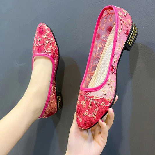 Women's Summer Cloth Shoes Flat Mesh Hollow Shoes Mid-heel Sandals