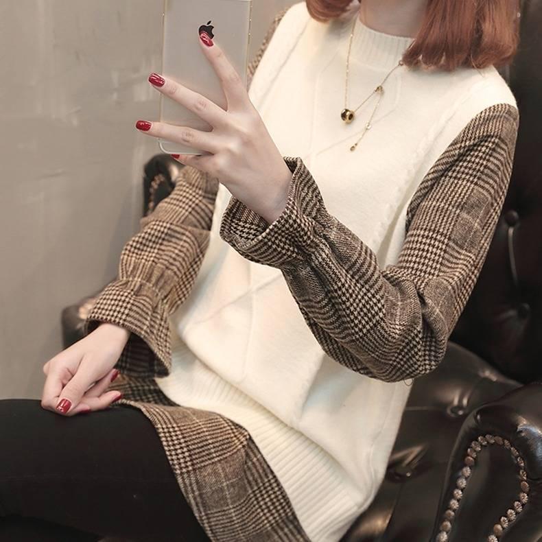 Spring and Autumn Stitching Flared Sleeve Top Loose Plaid Pullover Sweater Fashion Casual Sweater Women